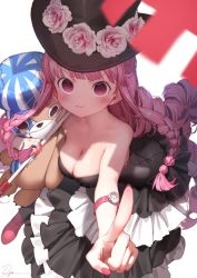 Rule 34 | 1girl, bad id, bad twitter id, black dress, black hat, blush, braid, breasts, cleavage, closed mouth, dress, flower, hat, hat flower, highres, holding, holding stuffed toy, index finger raised, kumacy, long hair, looking at viewer, medium breasts, nail polish, one piece, perona, pink eyes, pink hair, pink nails, ryota (ry o ta), sign, simple background, solo, standing, strapless, strapless dress, stuffed animal, stuffed toy, teddy bear, top hat, v arms, very long hair, watch, white background, wristwatch
