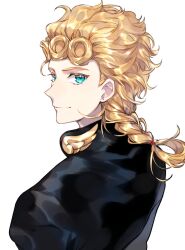 Rule 34 | 1boy, black jacket, blonde hair, blue eyes, braid, closed mouth, collared jacket, colored eyelashes, commentary request, curly hair, earrings, from behind, giorno giovanna, high collar, highres, jacket, jewelry, jojo no kimyou na bouken, long hair, long sleeves, looking at viewer, looking back, male focus, simple background, single braid, smile, solo, stud earrings, tiyi (tiyi a09), upper body, vento aureo, white background, wing print