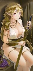Rule 34 | 1girl, artist name, blonde hair, bracer, breasts, chalice, chowbie, cleavage, collarbone, cup, dress, elf, feet out of frame, food, fruit, gold necklace, grapes, highres, jewelry, large breasts, laurel crown, looking at viewer, necklace, original, panties, parted lips, plate, pointy ears, purple eyes, sash, side slit, sitting, sword, thigh strap, thighs, underwear, weapon, white dress