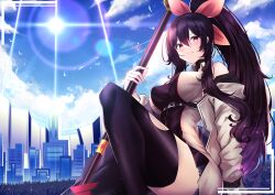 Rule 34 | 1girl, absurdres, arm support, black thighhighs, blue panties, blush, breasts, cityscape, closed mouth, clothing cutout, cloud, collared shirt, day, hair between eyes, hair ribbon, high ponytail, highres, holding, holding weapon, jacket, large breasts, lens flare, long hair, looking at viewer, off shoulder, orange eyes, original, outdoors, panties, panty peek, pink ribbon, purple hair, ribbon, seabread, shirt, sidelocks, sitting, sleeveless, sleeveless shirt, solo, sun, thigh cutout, thighhighs, underwear, weapon
