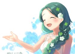 Rule 34 | 1girl, :d, blush, braid, closed eyes, clover, clover hair ornament, dated, dress, four-leaf clover, green hair, hair ornament, hand up, highres, indie virtual youtuber, jewelry, long hair, munriru, necklace, open mouth, simple background, smile, solo, sumi suya, upper body, virtual youtuber, white dress