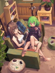 Rule 34 | 2girls, animal ears, barefoot, black jacket, book, bookshelf, breasts, brown hair, cat ears, cat girl, cellphone, cleavage, coffee, couch, cup, erodozer, handheld game console, highres, holding, holding handheld game console, ichika maia, indie virtual youtuber, jacket, long hair, lying, medium breasts, multiple girls, nintendo switch, on couch, phone, playstation controller, purple eyes, sitting, smartphone, smile, tank top, virtual youtuber, white tank top, yuukina (vtuber)
