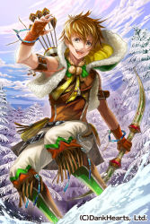 Rule 34 | 1boy, :d, arm belt, armpits, arrow (projectile), blue sky, bow (weapon), bracelet, brown eyes, brown hair, cloud, fantasy, green legwear, hair between eyes, holding, holding bow (weapon), holding weapon, hood, hood down, jewelry, legs apart, looking at viewer, male focus, official art, open mouth, outdoors, pom pom (clothes), pouch, quiver, shiro kikuya, sky, smile, snow, solo, spiked hair, standing, teruboshi no riberion, tree, v-shaped eyebrows, watermark, weapon