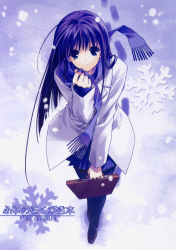Rule 34 | 1girl, absurdres, artist name, black pantyhose, blue eyes, blue hair, briefcase, foreshortening, highres, long hair, looking at viewer, looking up, matching hair/eyes, pantyhose, pleated skirt, scarf, skirt, snow, snowflakes, snowing, solo, suzuhira hiro, winter, winter clothes