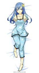 Rule 34 | 1girl, barefoot, blue eyes, blue hair, blush, breasts, butterfly hair ornament, cleavage, fairy tail, hair ornament, highres, juvia lockser, large breasts, long hair, lying, matching hair/eyes, on back, outstretched arms, pajamas, smile, solo, yue (pixiv4635680)