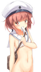 Rule 34 | 10s, 1girl, arm behind back, beret, bikini, bikini top only, blush, bottomless, brown eyes, brown hair, character name, clothes writing, eating, flat chest, food, food on body, food on face, groin, hat, kantai collection, looking at viewer, mouth hold, natuna natu, navel, out-of-frame censoring, popsicle, sailor bikini, sailor collar, sexually suggestive, short hair, simple background, sketch, smiley face, solo, suggestive fluid, swimsuit, twitter username, upper body, white background, white bikini, white hat, z3 max schultz (kancolle)