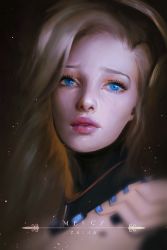 Rule 34 | 1girl, artist name, backlighting, blue eyes, bodysuit, brown background, character name, close-up, eyelashes, eyeliner, female focus, hair down, halo, light particles, lips, looking at viewer, makeup, mechanical halo, mercy (overwatch), nose, overwatch, overwatch 1, parted lips, pink lips, portrait, realistic, sad, signature, solo, thick lips, upper body, zaina