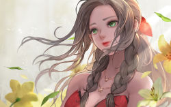 Rule 34 | 1girl, aerith gainsborough, aerith gainsborough (red dress), bare shoulders, braid, breasts, brown hair, chiuin, cleavage, dress, falling petals, final fantasy, final fantasy vii, final fantasy vii remake, flamenco dress, flower, green eyes, hair over shoulder, hair ribbon, highres, lily (flower), long bangs, long hair, medium breasts, multiple necklaces, official alternate costume, parted bangs, petals, ponytail, red dress, red ribbon, ribbon, sidelocks, solo, square enix, strapless, strapless dress, twin braids, upper body, wall market, wind, yellow flower