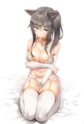 Rule 34 | 1girl, animal ears, arm grab, bare shoulders, bed sheet, between legs, black hair, blush, bow, bra, breasts, bridal gauntlets, cat ears, cat girl, closed mouth, collarbone, commentary, commission, floral print, from above, garter belt, garter straps, hair between eyes, highres, k pring, large breasts, lingerie, looking at viewer, midriff, navel, original, panties, red eyes, rose print, side ponytail, sidelocks, sitting, soles, solo, stomach, sweat, thighhighs, thighs, underwear, white bra, white panties, white thighhighs