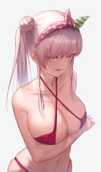 Rule 34 | 1girl, absurdres, airani iofifteen, bare shoulders, bikini, breasts, cleavage, collarbone, criss-cross halter, grey background, hair bun, hair ribbon, halterneck, highres, hololive, hololive indonesia, large breasts, looking at viewer, midriff, navel, open mouth, parted lips, pink eyes, pink hair, red bikini, ribbon, robbilgigih, side ponytail, simple background, solo, swimsuit, virtual youtuber