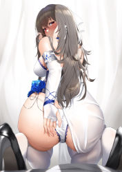 Rule 34 | 1girl, absurdres, ass, ass focus, azur lane, bare shoulders, black footwear, blue flower, blush, breasts, brown hair, curtains, dress, elbow gloves, fingerless gloves, flower, from behind, futon fly away, gauntlets, gloves, hair between eyes, hair ornament, hair scarf, high heels, highres, huge ass, lace, lace-trimmed panties, lace trim, large breasts, long hair, looking at viewer, looking back, official alternate costume, panties, parted lips, red eyes, saint-louis (azur lane), saint-louis (holy knight&#039;s resplendence) (azur lane), saint-louis (holy knight&#039;s resplendence) (azur lane), scarf, see-through, seiza, sitting, solo, sweat, thighhighs, thong, underwear, white curtains, white dress, white gloves, white panties, white scarf, white thighhighs