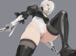 Rule 34 | 1girl, 2b (nier:automata), black hairband, black shirt, black thighhighs, boots, breasts, cleavage, cleavage cutout, closed mouth, clothing cutout, dual wielding, from below, grey background, grey eyes, hairband, highleg, highleg leotard, highres, holding, holding sword, holding weapon, juliet sleeves, large breasts, leotard, long sleeves, looking at viewer, mole, mole under mouth, nier:automata, nier (series), puffy sleeves, shirt, short hair, simple background, solo, sword, thighhighs, thighhighs under boots, thong leotard, weapon, white hair, white leotard, yd (orange maru)