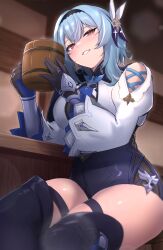 Rule 34 | 1girl, absurdres, beer mug, black hairband, black shorts, black thighhighs, blue hair, breasts, brown eyes, commentary request, cup, eula (genshin impact), genshin impact, grin, hair ornament, hairband, high-waist shorts, highres, holding, holding cup, kirima (user danf8787), large breasts, looking at viewer, medium hair, mug, shirt, shorts, sitting, smile, solo, thick thighs, thighhighs, thighs, white shirt