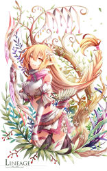 Rule 34 | 1girl, arrow (projectile), blonde hair, bow (weapon), braid, detached sleeves, elf, flower, hair flower, hair ornament, juliet sleeves, lineage, long hair, long sleeves, looking at viewer, low-braided long hair, low-tied long hair, open mouth, pointy ears, puffy sleeves, quiver, senzi, shirt, single braid, skirt, smile, solo, thighhighs, very long hair, weapon, white thighhighs, zettai ryouiki