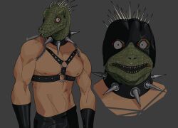 Rule 34 | 1boy, abs, bdsm, bondage outfit, caiman (dorohedoro), collar, colored skin, cosplay, dorohedoro, gachimuchi, green skin, grey background, highres, leather, leather pants, leatherclub scene (meme), lizardman, looking at viewer, male focus, meme, muscular, muscular male, nipples, pants, pectorals, scribbora, spiked collar, spikes, van darkholme, van darkholme (cosplay)