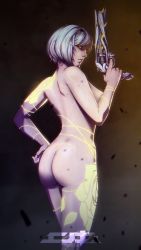 Rule 34 | 1girl, alexander chesnok, arm up, ass, breasts, convenient arm, convenient censoring, cowboy shot, destiny (game), female focus, from behind, gun, hand on own hip, highres, holding, holding gun, holding weapon, large breasts, legs together, looking at viewer, looking back, lumina (destiny), nude, solo, tattoo, weapon, white hair, yellow eyes