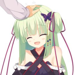 Rule 34 | 1girl, 1other, :d, ^ ^, absurdres, bare shoulders, black kimono, blunt bangs, blunt ends, blush stickers, butterfly hair ornament, closed eyes, commentary request, criss-cross halter, green hair, hair ornament, hair ribbon, halterneck, happy, headpat, highres, hime cut, japanese clothes, kaon zz, kimono, long hair, long ribbon, motion lines, murasame (senren), open mouth, pom pom (clothes), purple ribbon, ribbon, senren banka, sidelocks, simple background, smile, two side up, upper body, white background