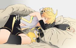 Rule 34 | 1boy, bare shoulders, bed, black legwear, black shorts, black sleeves, blonde hair, character doll, clothing cutout, comforter, commentary, d futagosaikyou, detached sleeves, headphones, highres, kagamine len, kagamine len (append), leg warmers, lying, male focus, navel, on side, pillow, shirt, shorts, sleeveless, sleeveless shirt, solo, spiked hair, stomach cutout, vocaloid, vocaloid append, white shirt