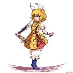 Rule 34 | 1girl, ;o, armor, armored dress, blonde hair, blue footwear, commentary, double bun, dress, english commentary, full body, hair bun, hair ribbon, haniwa (statue), highres, ja moth, joutouguu mayumi, looking at viewer, one eye closed, open mouth, ribbon, short sleeves, simple background, solo, standing, touhou, twitter username, vambraces, white background, white ribbon, yellow dress, yellow eyes
