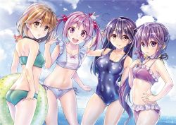 Rule 34 | 10s, 4girls, adjusting clothes, adjusting swimsuit, ahoge, akebono (kancolle), alternate costume, animal, animal on shoulder, aqua one-piece swimsuit, arm at side, ass, bell, bikini, blue hair, blue one-piece swimsuit, breasts, brown eyes, butt crack, cloud, cloudy sky, collarbone, covered navel, crab, day, dutch angle, eyebrows, flower, frills, from side, hair bell, hair between eyes, hair bobbles, hair flower, hair ornament, halterneck, hand on own hip, innertube, jingle bell, kantai collection, koyuki (kotatsu358), light brown hair, light smile, lips, long hair, looking at viewer, medium breasts, midriff, multiple girls, navel, oboro (kancolle), one-piece swimsuit, open mouth, outdoors, outstretched hand, parted lips, pink eyes, pink hair, polka dot, polka dot swimsuit, purple bikini, purple eyes, purple hair, rabbit, sazanami (kancolle), short hair, short twintails, side-tie bikini bottom, side ponytail, sky, small breasts, swim ring, swimsuit, thighs, twintails, ushio (kancolle)