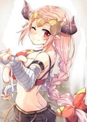 Rule 34 | 1girl, ;), aliza (granblue fantasy), bandages, bandaged arm, blush, bow, braid, breasts, cleavage, commentary request, draph, granblue fantasy, hair bow, headpiece, highres, horns, long hair, looking at viewer, looking to the side, medium breasts, one eye closed, oruto (ort+), pink hair, pointy ears, red bow, red eyes, single braid, smile, solo, upper body