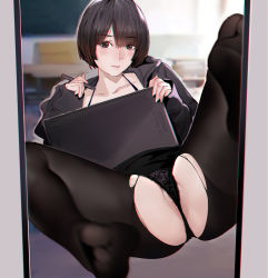 Rule 34 | 1girl, absurdres, black eyes, black jacket, black panties, black pantyhose, black skirt, blunt bangs, blush, chair, classroom, clothes lift, collarbone, desk, drawing, drawing tablet, floral print, halterneck, highres, hitomi o, hood, hooded jacket, indoors, jacket, legs up, long sleeves, looking at viewer, mirror, original, panties, panties under pantyhose, pantyhose, reflection, school chair, short hair, skirt, skirt lift, soles, solo, spread legs, torn clothes, torn pantyhose, underwear, white background