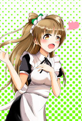 Rule 34 | 1girl, absurdres, apron, artist name, artist request, black ribbon, blush, bow, breasts, brown eyes, brown hair, cafe maid (love live!), dress, female focus, frilled apron, frills, green bow, hair bow, hand on chest, heart, highres, light brown hair, long hair, looking at viewer, love live!, love live! school idol festival, love live! school idol festival all stars, love live! school idol project, maid, maid apron, maid headdress, medium breasts, minami kotori, neck ribbon, necktie, parted lips, polka dot, polka dot background, ribbon, ryo pa 1210, short sleeves, smile, solo, yellow eyes