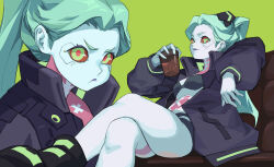 Rule 34 | absurdres, aqua hair, aqua skin, bikini, black bikini, black coat, body markings, breasts, coat, colored sclera, colored skin, crossed legs, cup, cyberpunk (series), cyberpunk edgerunners, dododo, facial mark, foot out of frame, green background, green eyes, highres, holding, holding cup, leg tattoo, long hair, looking at viewer, multiple views, neck tattoo, pale skin, pout, rebecca (cyberpunk), red pupils, red sclera, sitting, small breasts, stomach tattoo, swimsuit, tattoo, twintails