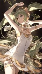 Rule 34 | 1girl, armpits, arms up, black background, bracelet, chest tattoo, detached collar, dress, green eyes, green hair, hatsune miku, highres, jewelry, long hair, miku symphony (vocaloid), nardack, parted lips, see-through, see-through dress, solo, strapless, strapless dress, tattoo, thighlet, twintails, very long hair, vocaloid, white dress