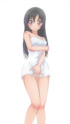 Rule 34 | 1girl, bare shoulders, black hair, commentary, covering privates, covering crotch, eyes visible through hair, frown, hair between eyes, hair down, highres, long hair, looking at viewer, love live!, love live! school idol project, naked towel, p-nekoe, red eyes, simple background, solo, towel, wet, wet hair, white background, yazawa nico