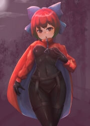 Rule 34 | 1girl, akatsuki records, alternate costume, arm at side, black bodysuit, blue bow, bodysuit, bow, bowtie, breasts, cape, commentary request, covered erect nipples, covered navel, drooling, garter belt, garter straps, hand up, highres, impossible clothes, kaabon meshi, legs together, long sleeves, medium breasts, nipple stimulation, nipple tweak, parted lips, red cape, red eyes, red hair, rock &#039;n&#039; rock &#039;n&#039; beat, sekibanki, short hair, skin tight, solo, tongue, tongue out, touhou, tweaking own nipple, zipper, zipper pull tab
