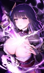 Rule 34 | 1girl, absurdres, botte, breasts, cleavage, electricity, genshin impact, hand on own chest, highres, japanese clothes, kimono, large breasts, looking at viewer, nail polish, purple eyes, purple hair, purple kimono, purple nails, raiden shogun, sword between breasts