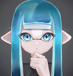 Rule 34 | 1girl, absurdres, blue eyes, blue hair, closed mouth, commentary, grey background, hand on own chin, highres, inkling, inkling girl, inkling player character, long hair, looking at viewer, negi kobito, nintendo, pointy ears, simple background, solo, splatoon (series), symbol-only commentary, tentacle hair, thick eyebrows, upper body