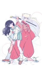 Rule 34 | 2girls, absurdres, arrow (projectile), artist name, barefoot, black hair, blue eyes, character request, circle, en 0410, feet, green skirt, highres, inuyasha, japanese clothes, kimono, looking at viewer, multiple girls, red kimono, school uniform, shirt, skirt, smile, square, sword, triangle, weapon, white background, white hair, white shirt, yellow eyes