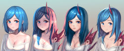 Rule 34 | 1girl, blue eyes, blue hair, blush, bob cut, braid, breasts, chinese commentary, cleavage, closed mouth, collarbone, commentary request, demon girl, expressionless, french braid, gem, gradient background, green background, highres, horns, light smile, long hair, looking at viewer, medium breasts, moonandmist, off shoulder, oni horns, original, parted bangs, ribbed sweater, shade, shadow, shiny skin, short hair, shoulder spikes, sidelocks, single bare shoulder, single horn, smile, spikes, striped, sunlight, sweater, upper body, v-neck, variations, white sweater