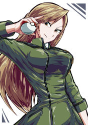 Rule 34 | 1girl, arm up, breasts, brown eyes, brown hair, closed mouth, coach trainer (pokemon), coat, creatures (company), female focus, game freak, green coat, happy, highres, holding, holding poke ball, large breasts, long hair, long sleeves, looking to the side, matching hair/eyes, nintendo, npc trainer, poke ball, poke ball (basic), pokemon, pokemon lgpe, shimure (460), shiny clothes, simple background, smile, solo, white background