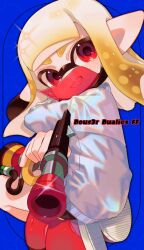 Rule 34 | 1girl, black shorts, blonde hair, blue background, douser dualies (splatoon), dual wielding, grin, highres, holding, inkling, inkling girl, inkling player character, long hair, mask, mouth mask, nintendo, pointy ears, red eyes, red footwear, red mask, sahata saba, see-through, see-through mask, shoes, shorts, smile, solo, splatoon (series), splatoon 3, sweater, tentacle hair, weapon name, white sweater