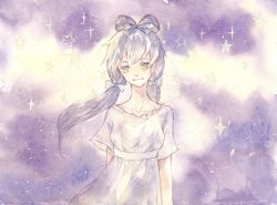 Rule 34 | 1girl, dress, female focus, galaxy baground, grey blue hair, highres, luo tianyi, ribbon, solo, twintails, vocaloid, vocanese, vsinger, white dress