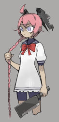 Rule 34 | 1girl, absurdres, ahoge, bike shorts, blue sailor collar, bow, bowtie, braid, cleaver, dress, grey background, headgear, highres, holding, holding hair, holding weapon, kantai collection, long hair, nenohi (kancolle), pink hair, purple eyes, red bow, red bowtie, sailor collar, sailor dress, shaded face, short sleeves, shorts under dress, simple background, single braid, solo, tirarizun, very long hair, weapon