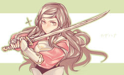 Rule 34 | 1girl, armor, brown hair, fire emblem, fire emblem fates, green background, hana (fire emblem), headband, highres, holding, holding sword, holding weapon, long hair, looking at viewer, nintendo, solo, sword, two-tone background, upper body, vento, weapon, white background