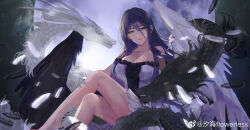 Rule 34 | 1girl, absurdres, angel wings, bare legs, bare shoulders, barefoot, black feathers, blue hair, breasts, bright pupils, cang yue (tou xing jiuyue tian), crossed legs, dragon, falling feathers, feathers, gloves, highres, large breasts, long hair, looking at viewer, parted lips, tou xing jiuyue tian, two-tone wings, white feathers, white gloves, white pupils, wings, xi hai flowerless
