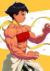Rule 34 | 1girl, abs, androgynous, black hair, breasts, capcom, choker, dougi, fighting stance, from side, makoto (street fighter), medium breasts, muscular, muscular female, pokkuti, ribbon choker, short hair, solo, street fighter, tomboy
