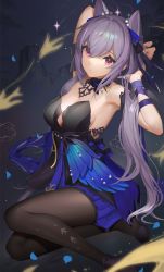 Rule 34 | 1girl, armpits, arms up, bare shoulders, black dress, black pantyhose, bow, breasts, cone hair bun, detached collar, detached sleeves, dress, genshin impact, hair bow, hair bun, hair ears, high heels, highres, keqing (genshin impact), keqing (opulent splendor) (genshin impact), long hair, looking at viewer, medium breasts, nanam (nanam sk), pantyhose, pink eyes, purple hair, shoes, solo, strapless, strapless dress, twintails