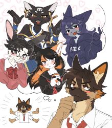 Rule 34 | 1boy, 4girls, animal ears, black eyes, black fur, black hair, blush, body fur, borrowed character, bright pupils, brown fur, brown hair, calico, cat ears, cat girl, chibi, chibi inset, claws, closed mouth, colored inner hair, commentary, criss-cross halter, dog boy, dog ears, dog girl, ear piercing, earrings, egyptian, egyptian clothes, english commentary, fang, fang out, fangs, furry, furry female, furry male, german shepherd, glasses, grey eyes, grey fur, halterneck, hand in pocket, hand on own cheek, hand on own face, hand up, hands up, hetero, highres, hood, hoodie, hoop earrings, jewelry, long hair, looking at viewer, multicolored hair, multiple girls, oji (norahasu), open mouth, orange fur, orange hair, original, own hands together, piercing, rabbit ears, rabbit girl, rata (norahasu), round eyewear, short hair, simple background, slit pupils, thought bubble, two-tone hair, upper body, very short hair, whiskers, white background, white fur, white pupils, yellow eyes