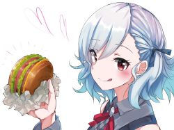 Rule 34 | 1girl, :q, black ribbon, blush, burger, commentary request, food, from side, girls&#039; frontline, hair ribbon, heart, highres, holding, holding food, licking lips, looking at viewer, portrait, red eyes, red ribbon, ribbon, short hair, silver hair, smile, solo, spas-12 (girls&#039; frontline), tete3873, tongue, tongue out, white background