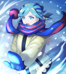 Rule 34 | 1boy, blue mittens, blue scarf, commentary request, creatures (company), eyelashes, floating scarf, game freak, green eyes, green hair, grusha (pokemon), highres, jacket, long sleeves, male focus, min (myna8247), mittens, nintendo, open mouth, outdoors, outstretched arm, pokemon, pokemon sv, scarf, snowflakes, solo, striped clothes, striped scarf, teeth, tongue, yellow jacket