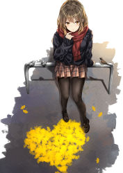 Rule 34 | 1girl, bird, black pantyhose, blush, breasts, brown hair, highres, leaf, loafers, long hair, looking at viewer, nabeshima tetsuhiro, original, pantyhose, pleated skirt, scarf, shoes, sitting, skirt, sleeves past wrists, solo, yellow eyes