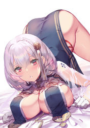 Rule 34 | 1girl, azur lane, between breasts, blush, braid, breast curtains, breasts, china dress, chinese clothes, cleavage, commentary request, covered erect nipples, dress, flower, gloves, hair between eyes, hair flower, hair ornament, huge breasts, looking at viewer, parted lips, red eyes, revealing clothes, short hair, sirius (azur lane), sirius (azure horizons) (azur lane), smile, solo, top-down bottom-up, white gloves, white hair, yoshimoto (dear life)