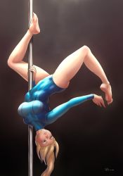 Rule 34 | 1girl, bare legs, barefoot, blonde hair, blue eyes, breasts, commentary request, finalcake, highres, large breasts, leotard, long hair, long sleeves, metroid, mole, mole under mouth, nintendo, pole, pole dancing, ponytail, samus aran, solo, stripper pole