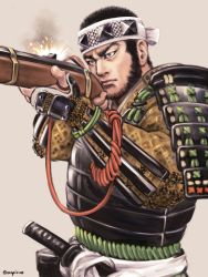 Rule 34 | 1boy, arisaka, armor, beard, black hair, bolt action, buzz cut, costume request, facial hair, golden kamuy, gun, headband, holding, holding gun, holding weapon, japanese armor, katana, long sideburns, looking to the side, male focus, nopinzo, pointing weapon, realistic, rifle, short hair, sideburns, solo, sword, tanigaki genjirou, thick eyebrows, upper body, very short hair, weapon